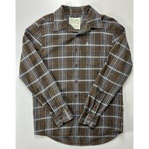 Volcom 100% Organic Cotton Mens Button Up Long Sleeve Brown Plaid Shirt Size S